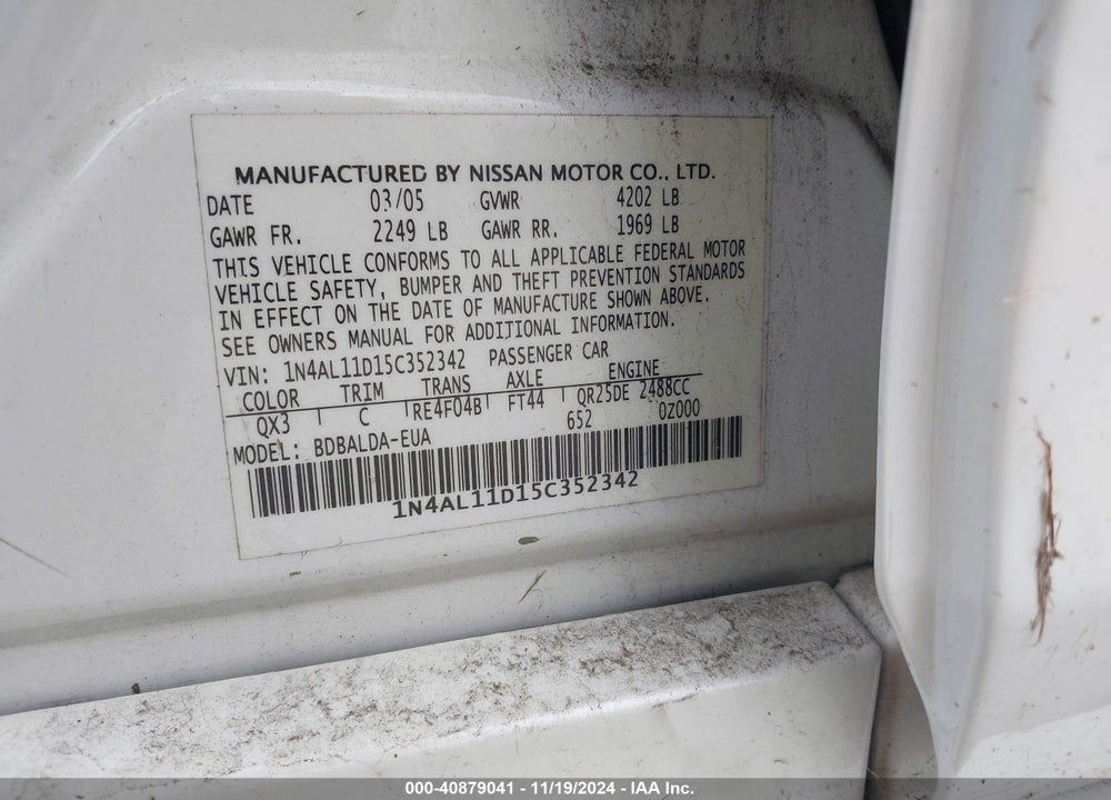 2005 NISSAN ALTIMA 2.5 S VIN: 1N4AL11D15C352342