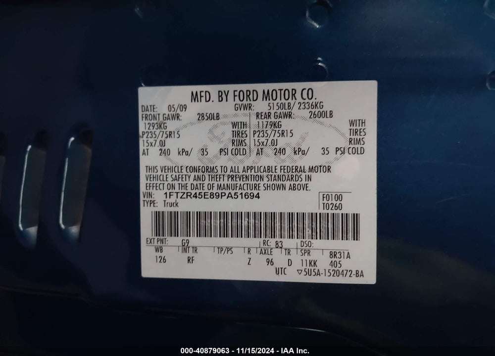 2009 FORD RANGER FX4 OFF-ROAD/SPORT/XLT VIN: 1FTZR45E89PA51694