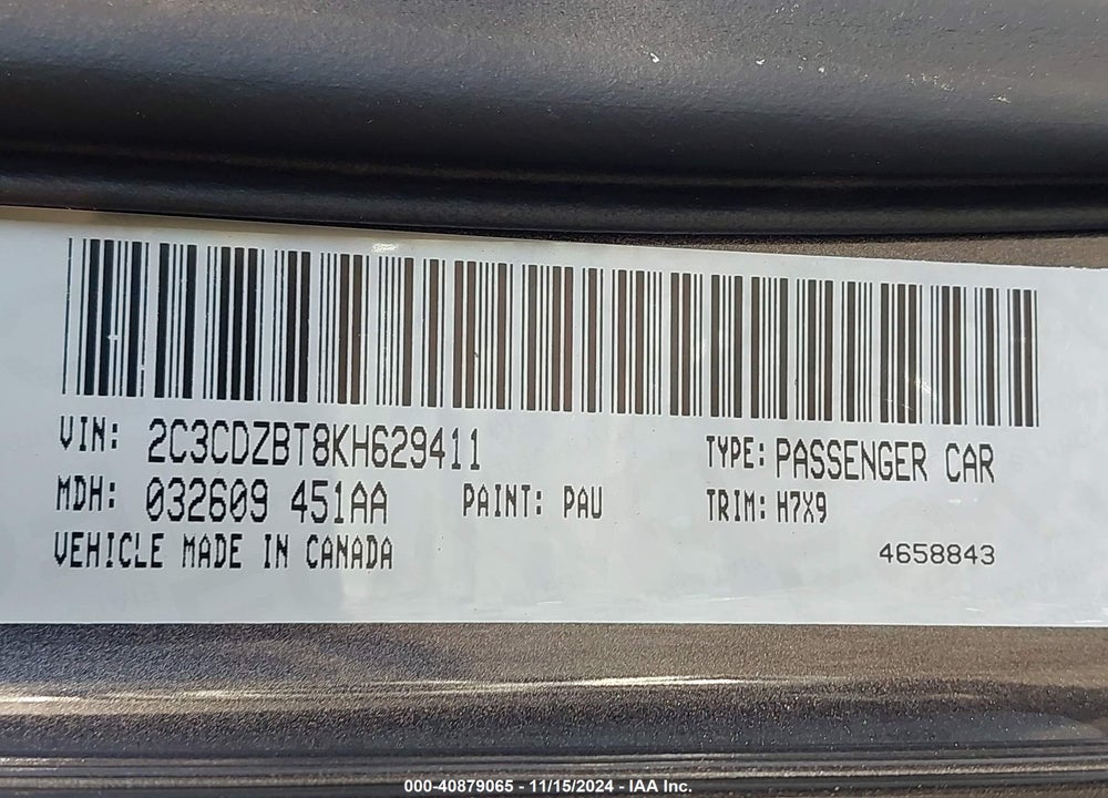 2019 DODGE CHALLENGER R/T VIN: 2C3CDZBT8KH629411
