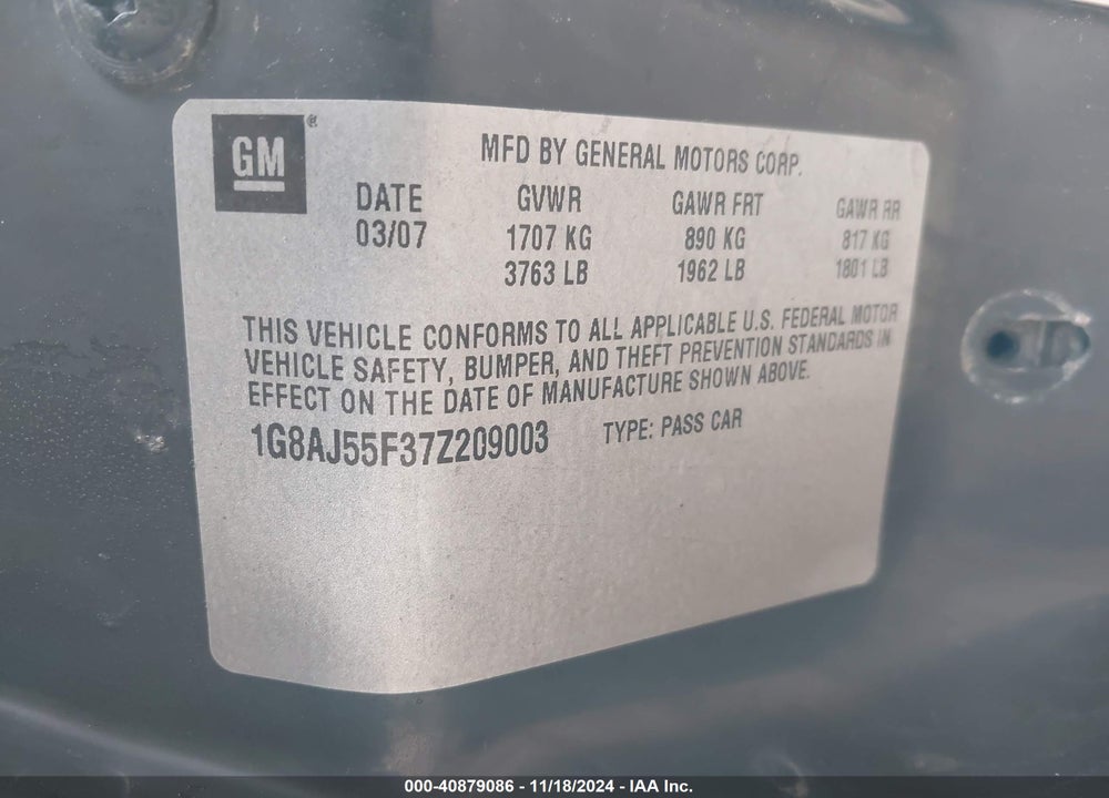 2007 SATURN ION 2 VIN: 1G8AJ55F37Z209003