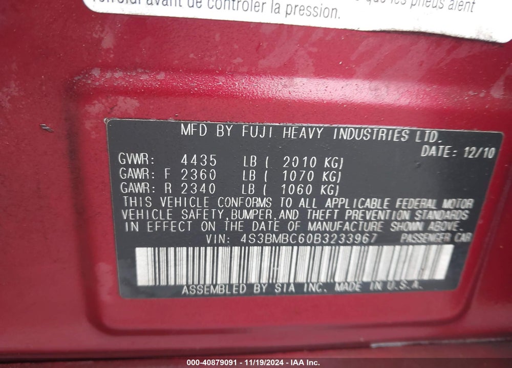 2011 SUBARU LEGACY 2.5I PREMIUM VIN: 4S3BMBC60B3233967