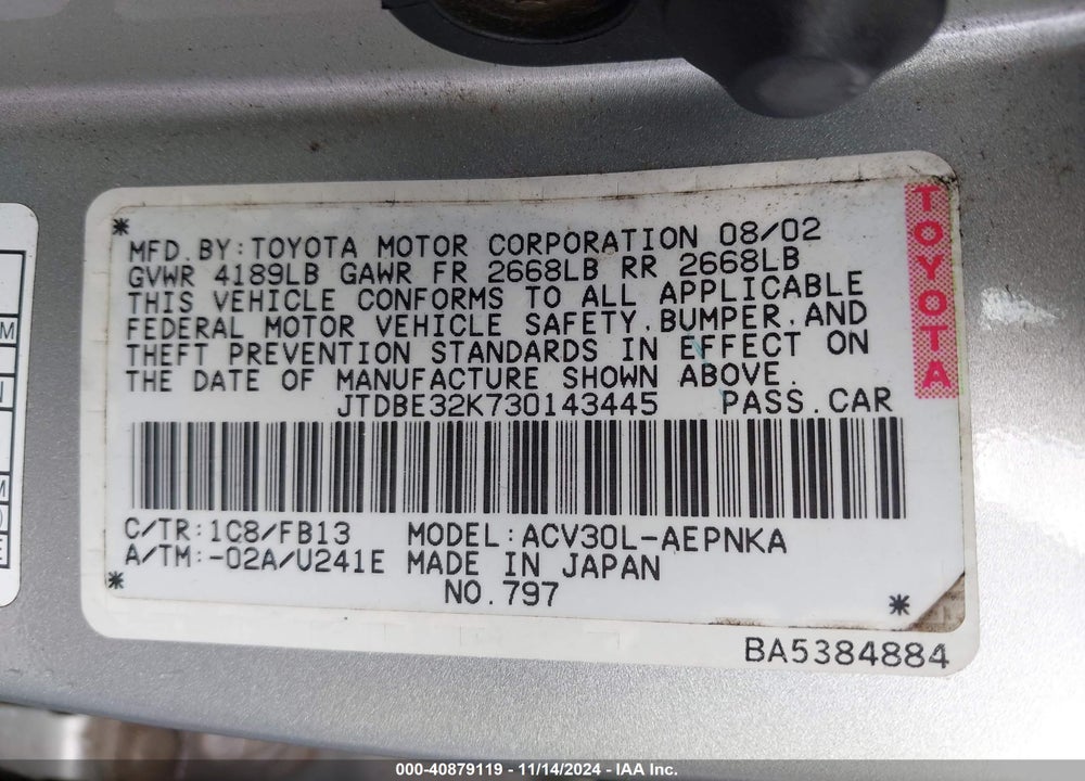 2003 TOYOTA CAMRY LE VIN: JTDBE32K730143445