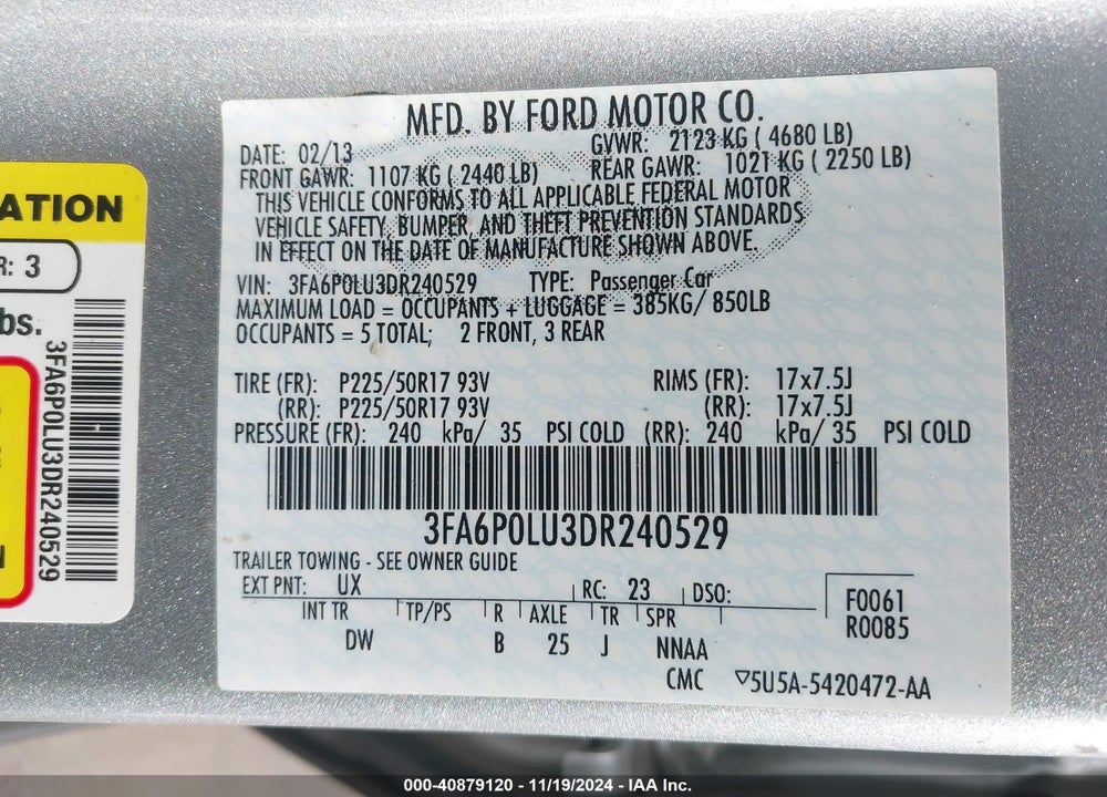2013 FORD FUSION HYBRID SE VIN: 3FA6P0LU3DR240529