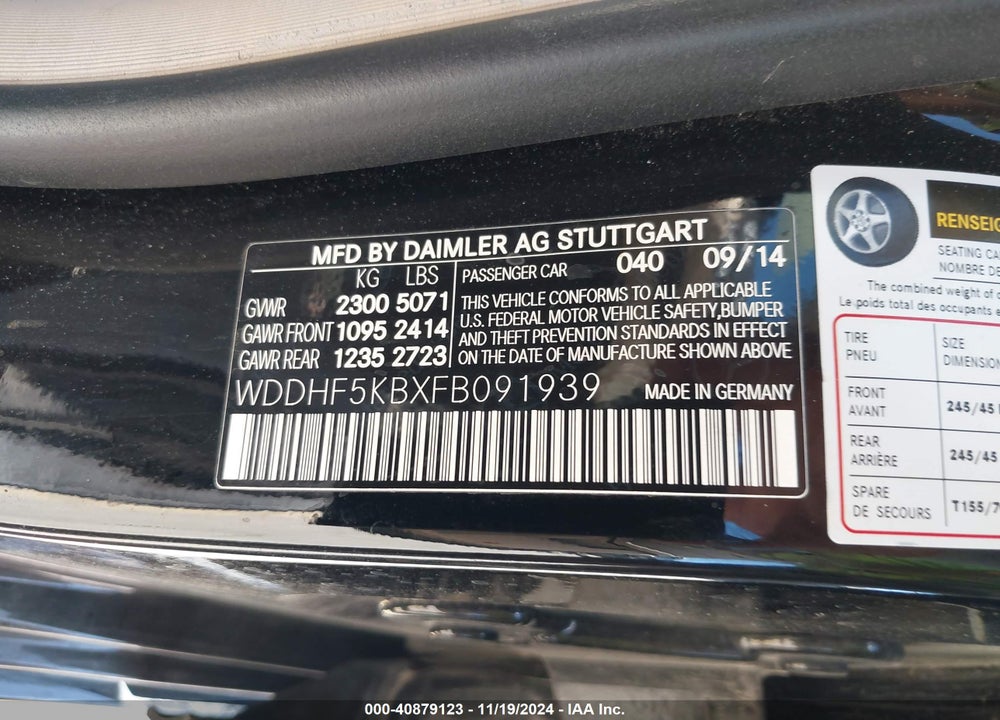 2015 MERCEDES-BENZ E 350 VIN: WDDHF5KBXFB091939