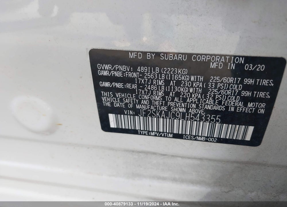 2020 SUBARU FORESTER PREMIUM VIN: JF2SKAJC9LH543355