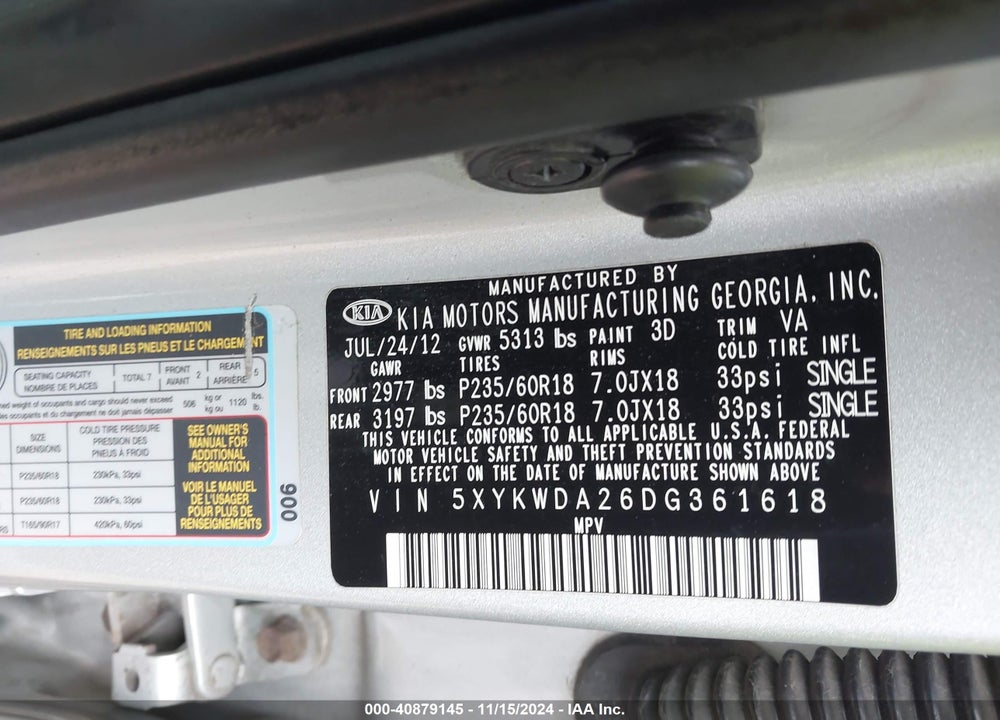 2013 KIA SORENTO VIN: 5XYKWDA26DG361618