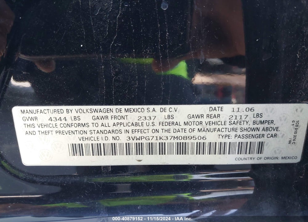 2007 VOLKSWAGEN JETTA 2.5 VIN: 3VWPG71K37M089506