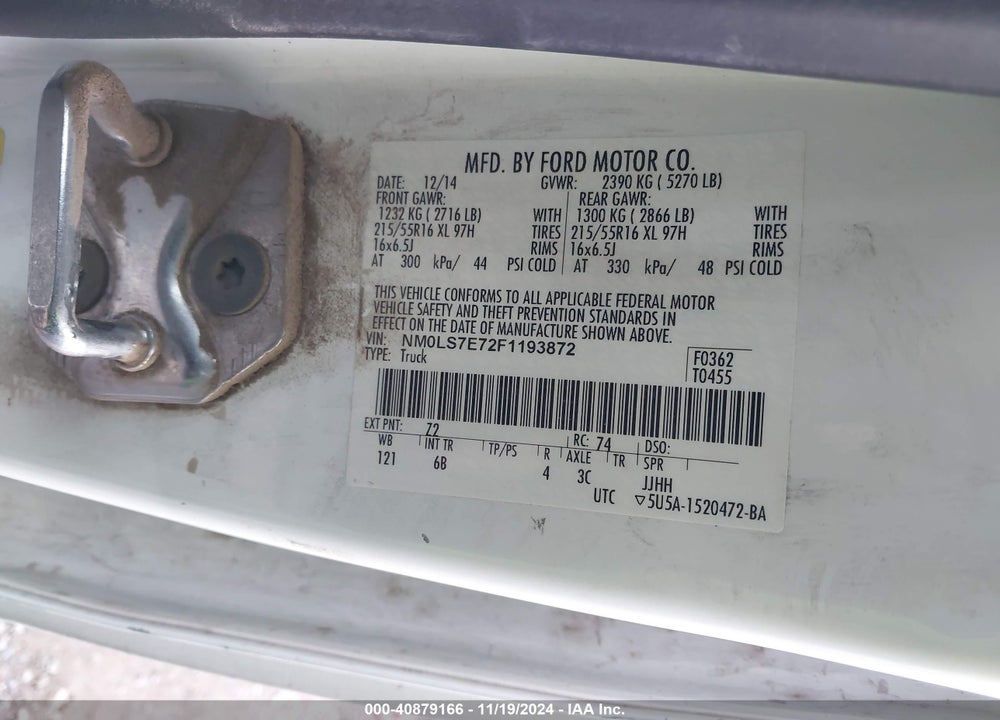 2015 FORD TRANSIT CONNECT XL VIN: NM0LS7E72F1193872