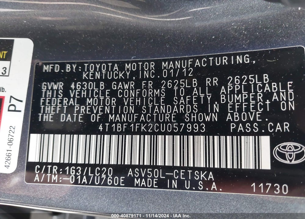 2012 TOYOTA CAMRY SE VIN: 4T1BF1FK2CU057993