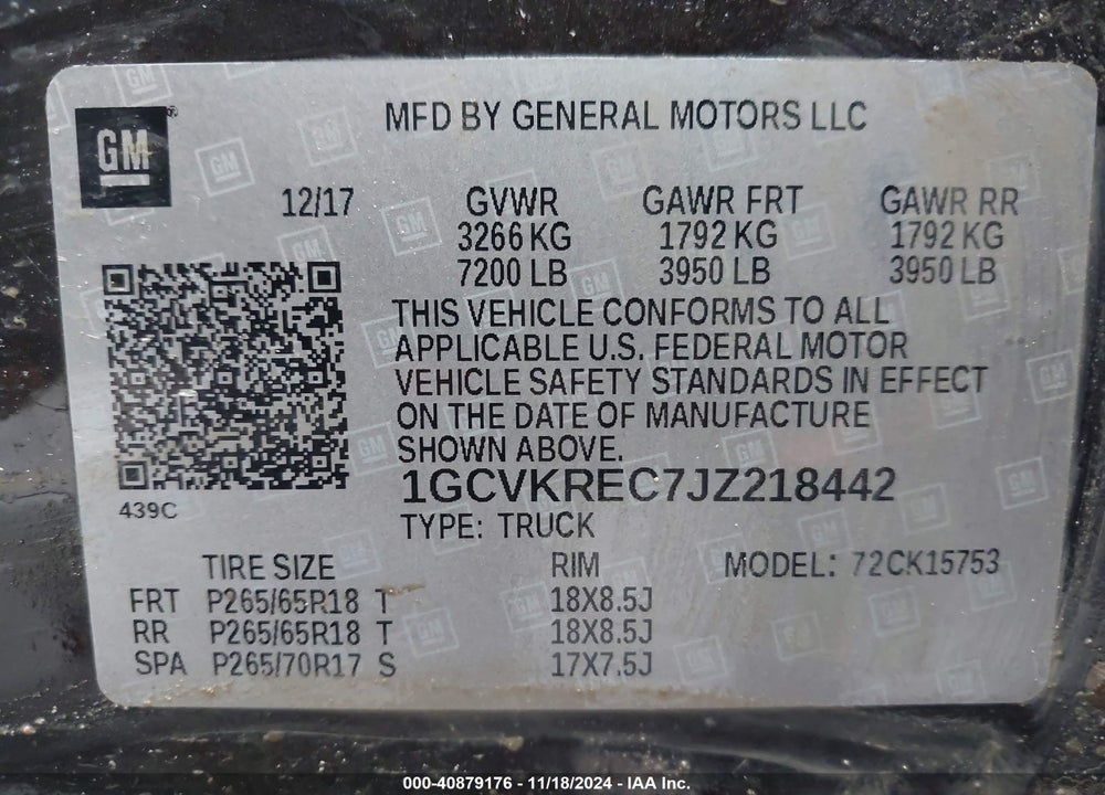 2018 CHEVROLET SILVERADO 1500 2LT VIN: 1GCVKREC7JZ218442