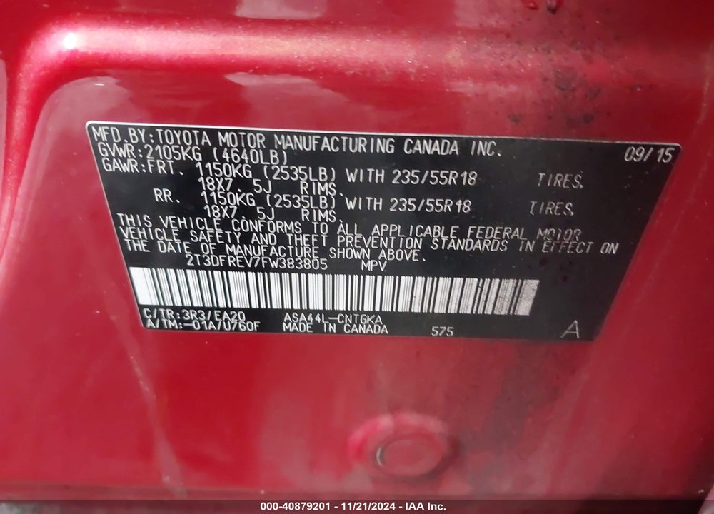 2015 TOYOTA RAV4 LIMITED VIN: 2T3DFREV7FW383805