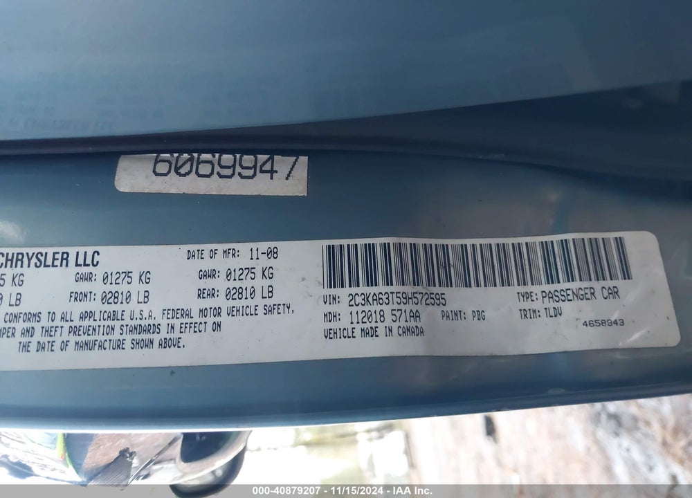2009 CHRYSLER 300 VIN: 2C3KA63T59H572595