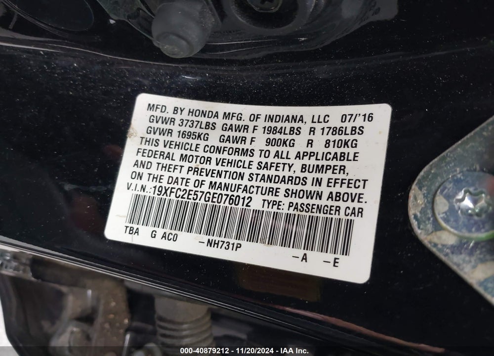 2016 HONDA CIVIC LX VIN: 19XFC2E57GE076012
