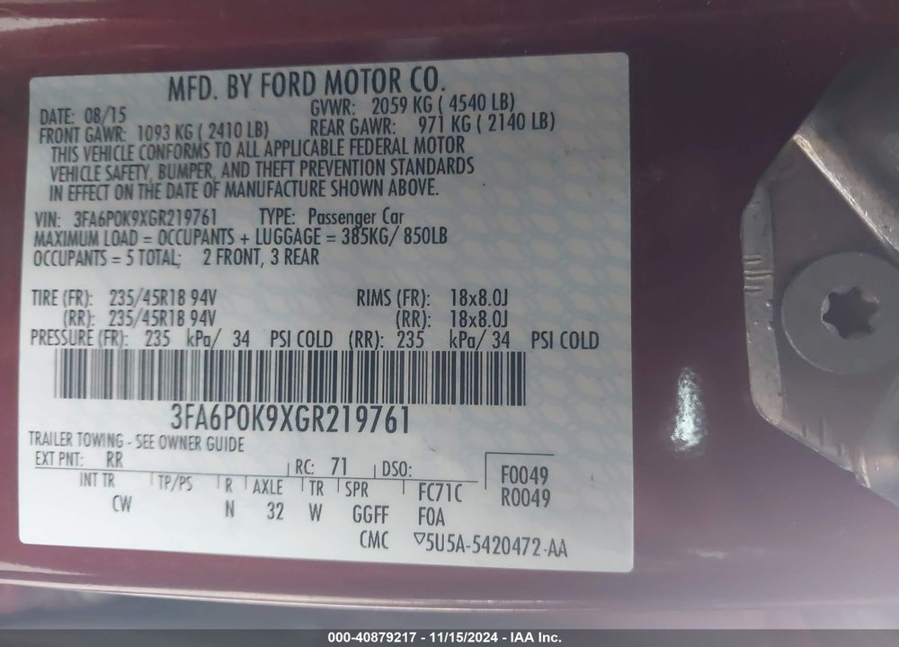 2016 FORD FUSION TITANIUM VIN: 3FA6P0K9XGR219761