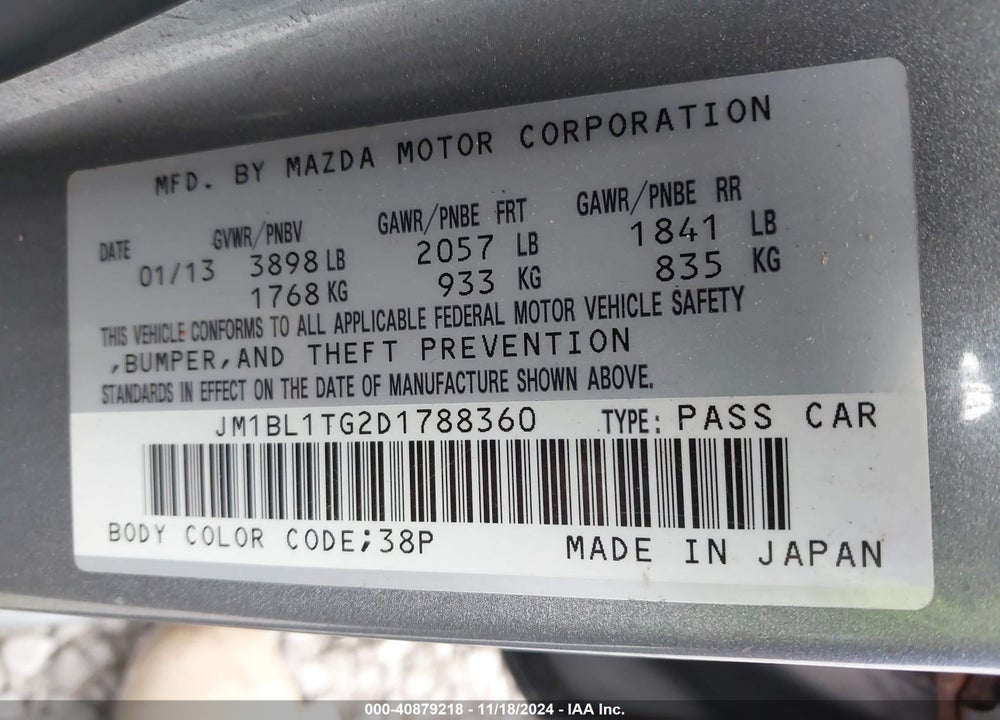 2013 MAZDA 3 I SV VIN: JM1BL1TG2D1788360
