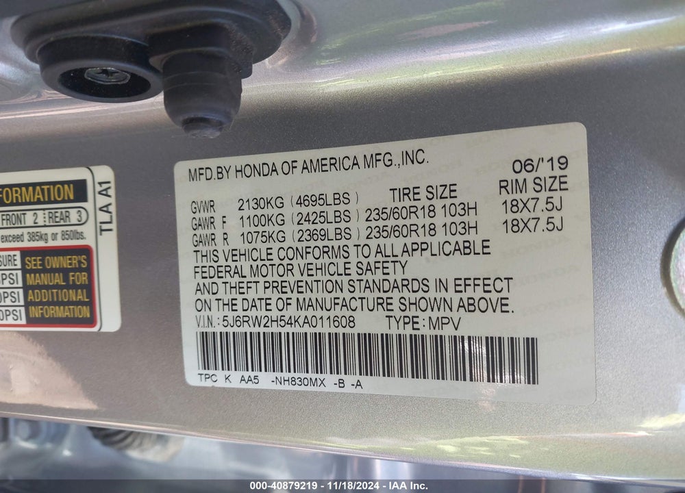 2019 HONDA CR-V EX VIN: 5J6RW2H54KA011608