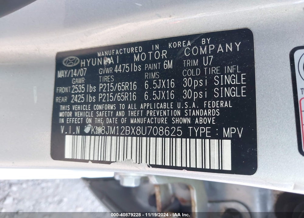 2008 HYUNDAI TUCSON GLS VIN: KM8JM12BX8U708625
