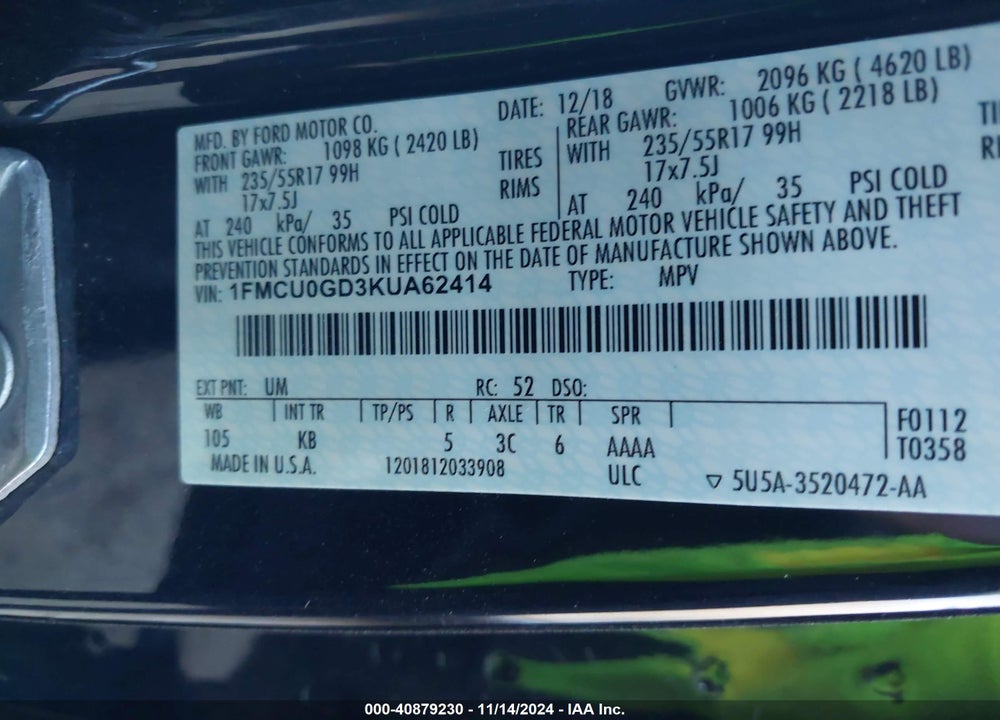 2019 FORD ESCAPE SE VIN: 1FMCU0GD3KUA62414
