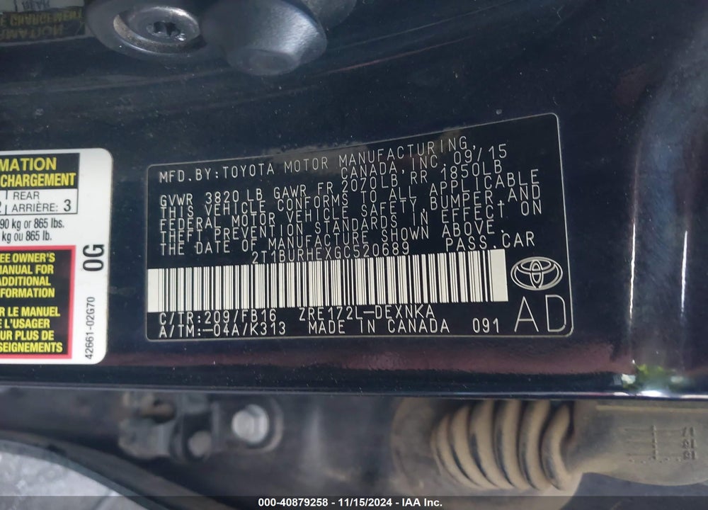 2016 TOYOTA COROLLA LE VIN: 2T1BURHEXGC520689