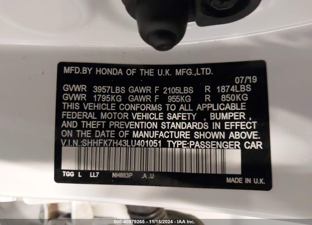 2020 HONDA CIVIC SPORT VIN: SHHFK7H43LU401051