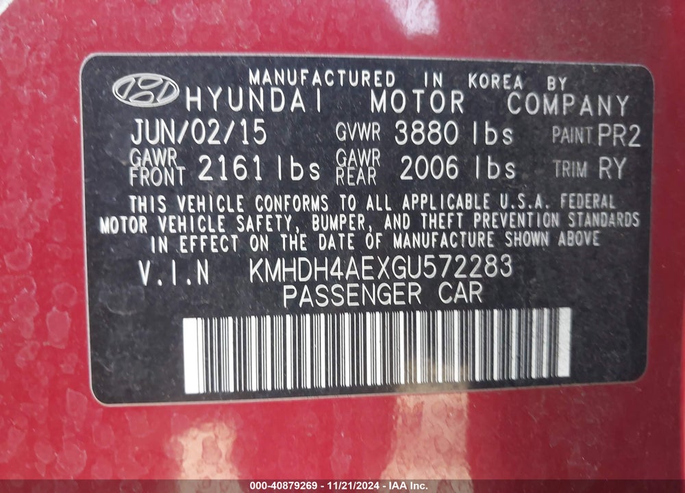 2016 HYUNDAI ELANTRA LIMITED VIN: KMHDH4AEXGU572283
