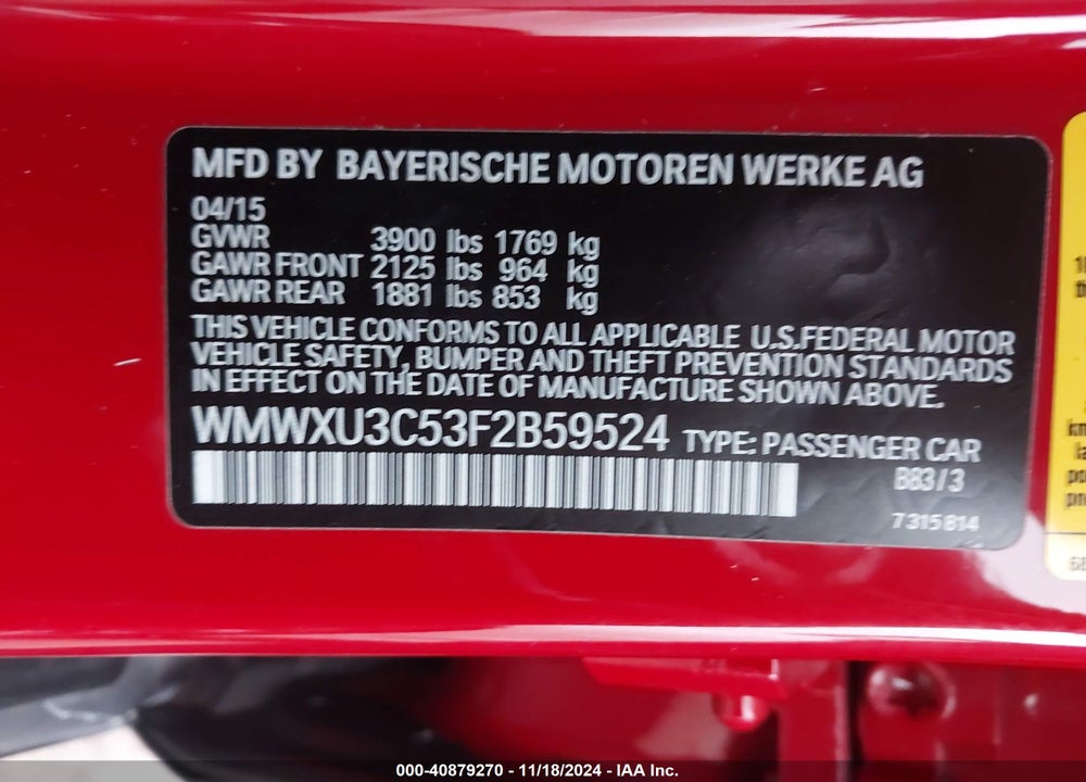 2015 MINI HARDTOP COOPER S VIN: WMWXU3C53F2B59524