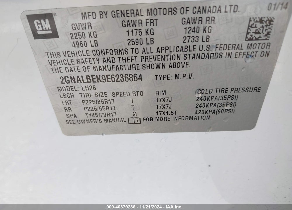 2014 CHEVROLET EQUINOX 1LT VIN: 2GNALBEK9E6236864