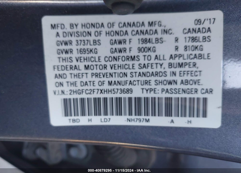 2017 HONDA CIVIC EX VIN: 2HGFC2F7XHH573689