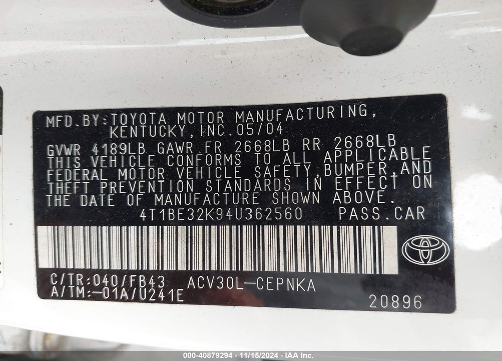 2004 TOYOTA CAMRY LE VIN: 4T1BE32K94U362560