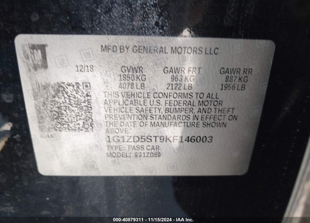 2019 CHEVROLET MALIBU LT VIN: 1G1ZD5ST9KF146003