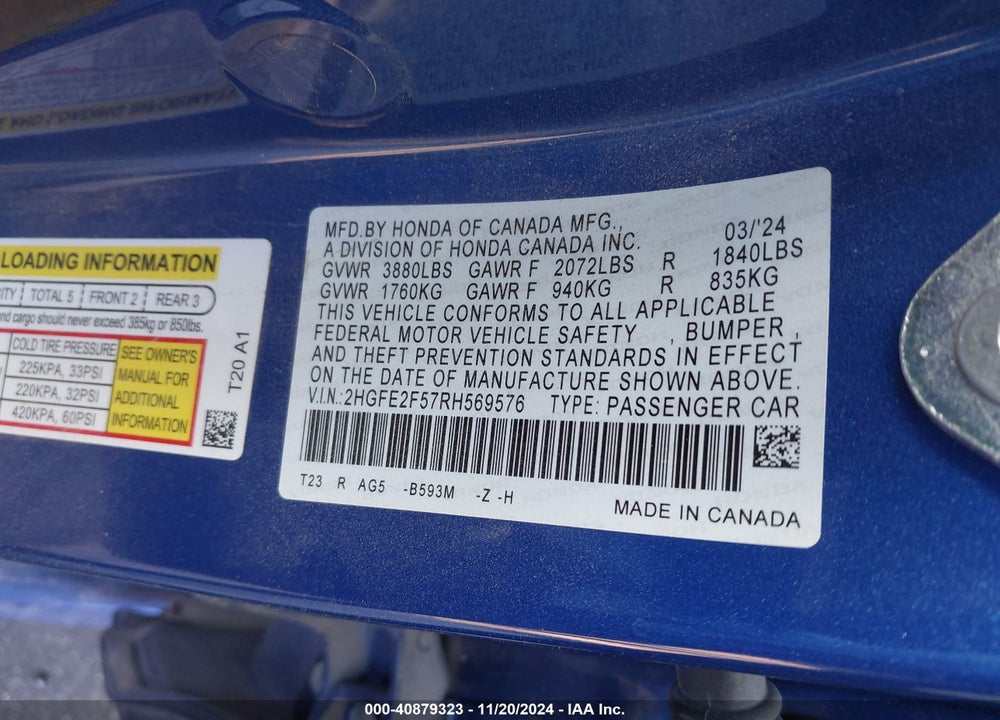2024 HONDA CIVIC SPORT VIN: 2HGFE2F57RH569576
