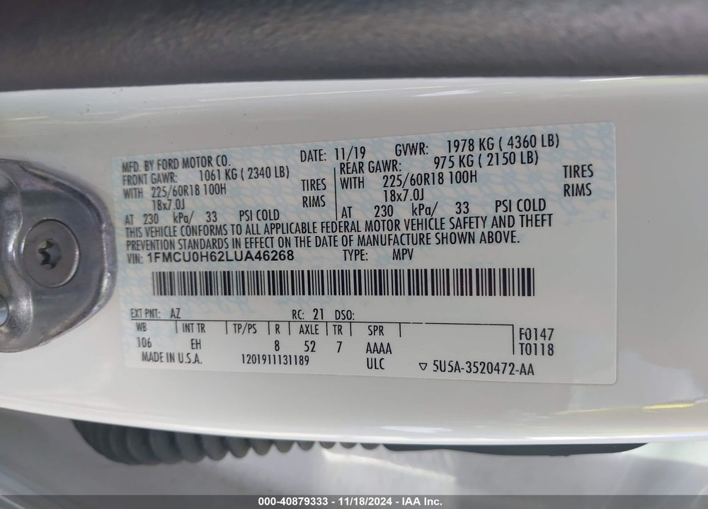 2020 FORD ESCAPE SEL VIN: 1FMCU0H62LUA46268