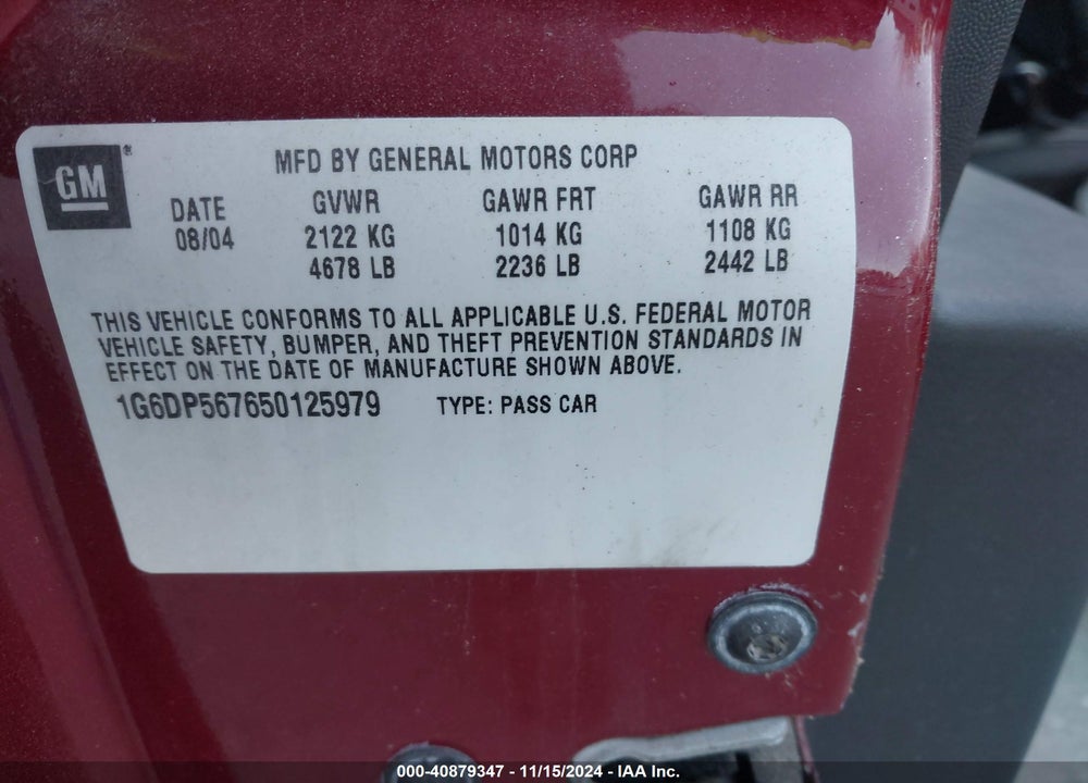 2005 CADILLAC CTS STANDARD VIN: 1G6DP567650125979