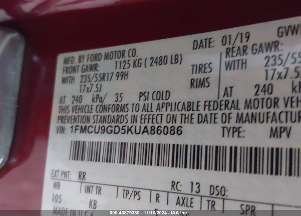 2019 FORD ESCAPE SE VIN: 1FMCU9GD5KUA86086