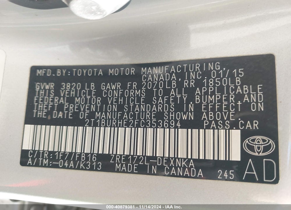 2015 TOYOTA COROLLA L/LE/LE PLS/PRM/S/S PLS VIN: 2T1BURHE2FC353694