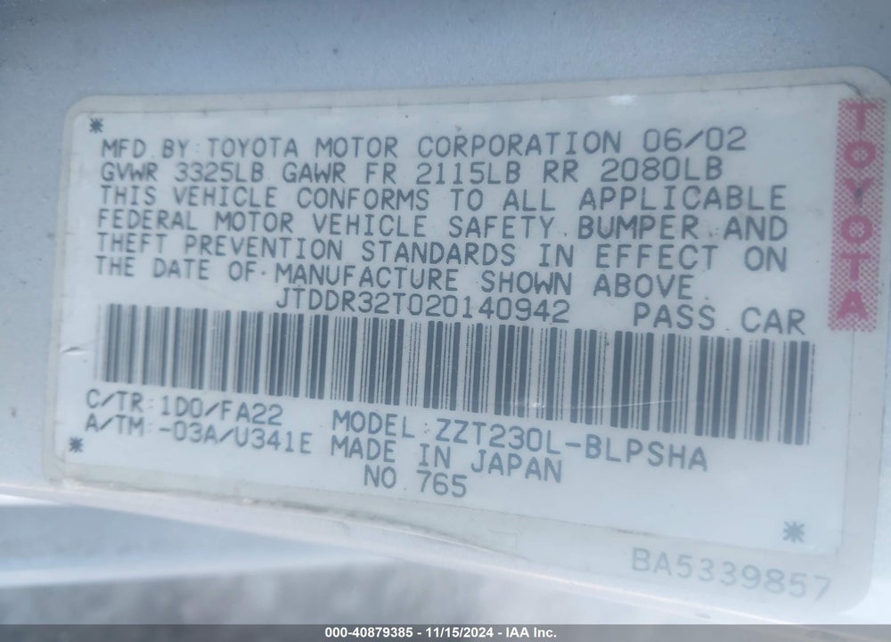 2002 TOYOTA CELICA GT VIN: JTDDR32T020140942