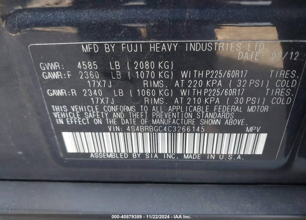 2012 SUBARU OUTBACK 2.5I PREMIUM VIN: 4S4BRBGC4C3266145