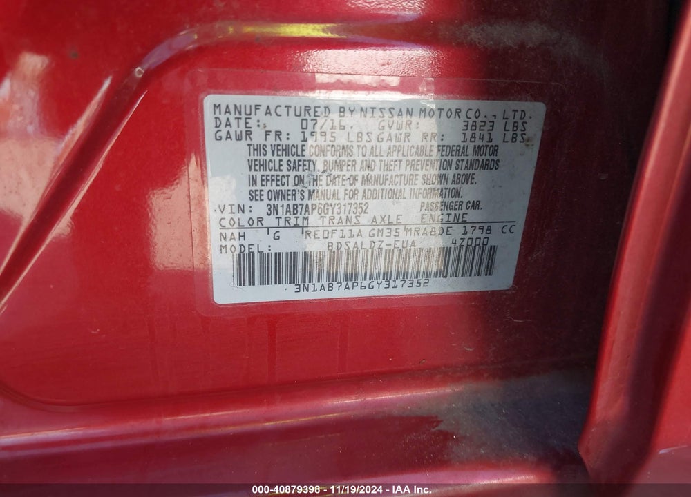 2016 NISSAN SENTRA SV VIN: 3N1AB7AP6GY317352