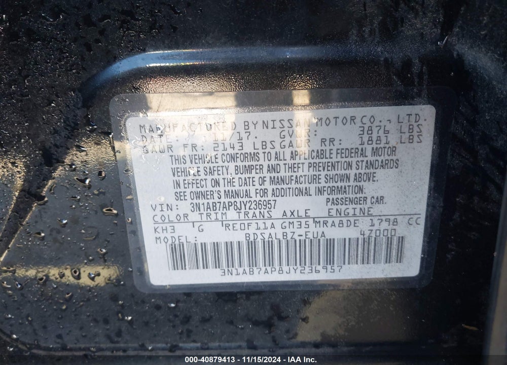 2018 NISSAN SENTRA S VIN: 3N1AB7AP8JY236957