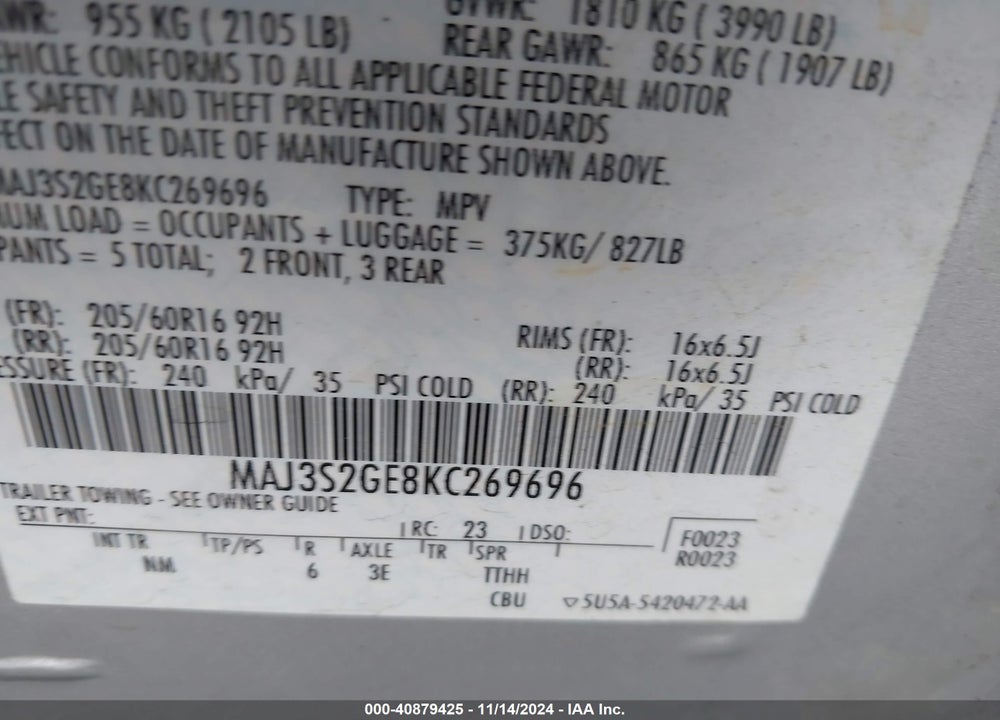 2019 FORD ECOSPORT SE VIN: MAJ3S2GE8KC269696