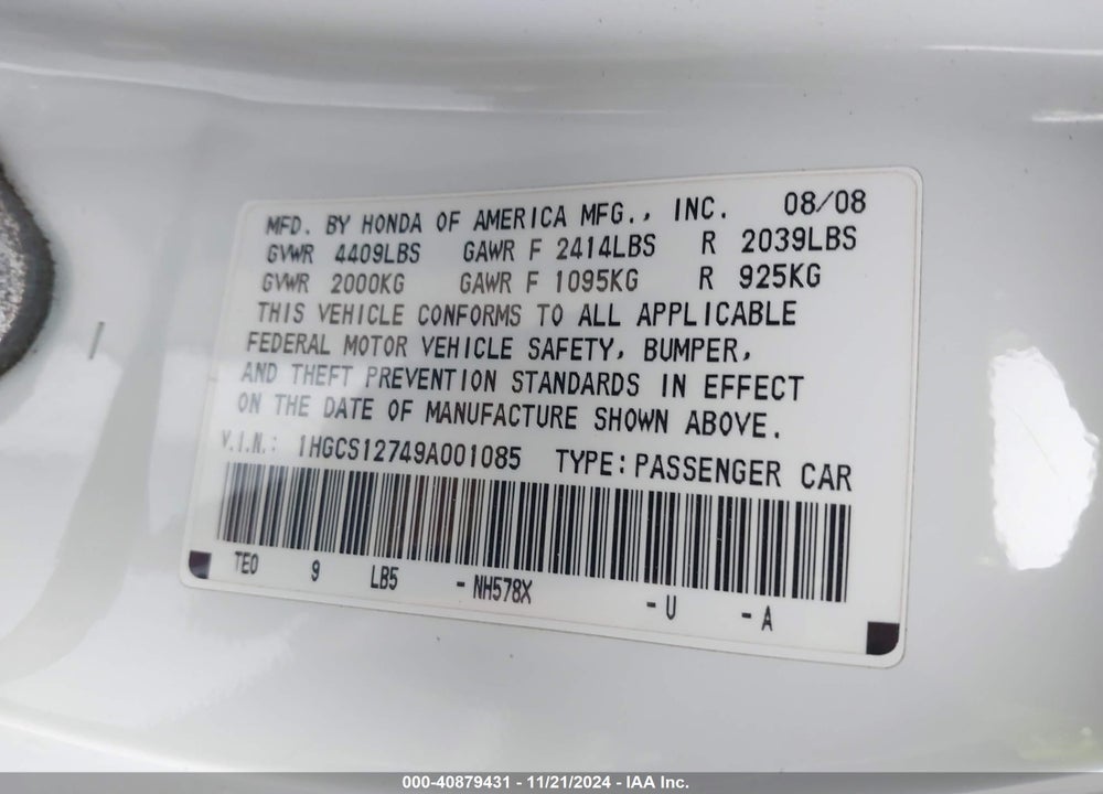 2009 HONDA ACCORD 2.4 EX VIN: 1HGCS12749A001085