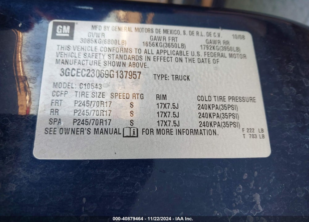 2009 CHEVROLET SILVERADO 1500 LT VIN: 3GCEC23069G137957