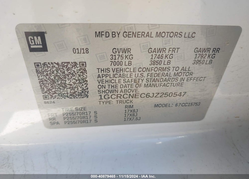 2018 CHEVROLET SILVERADO 1500 WT VIN: 1GCRCNEC6JZ250547