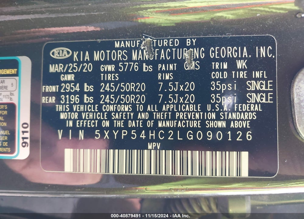 2020 KIA TELLURIDE SX VIN: 5XYP54HC2LG090126