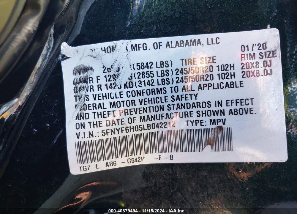 2020 HONDA PILOT AWD ELITE VIN: 5FNYF6H05LB042212