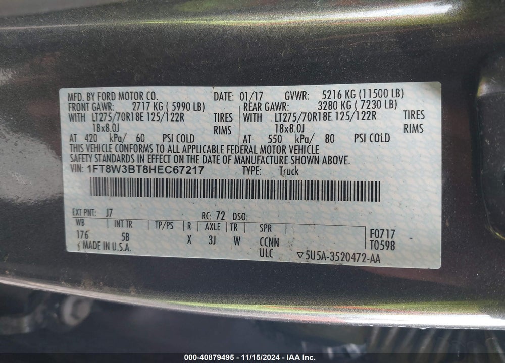 2017 FORD F-350 LARIAT VIN: 1FT8W3BT8HEC67217