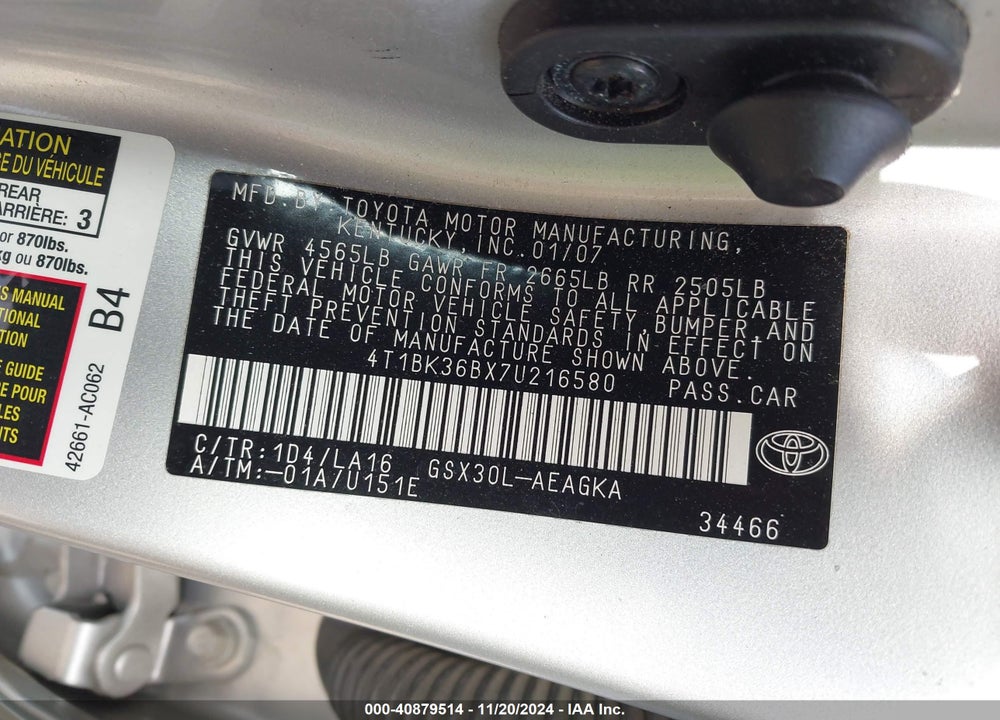 2007 TOYOTA AVALON XLS VIN: 4T1BK36BX7U216580