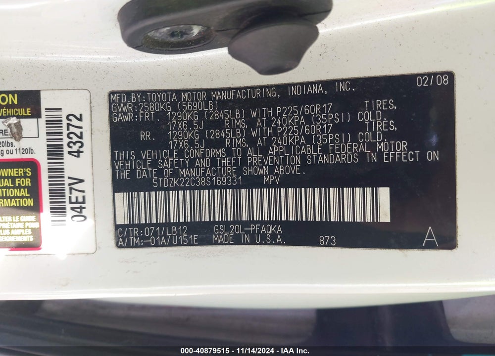 2008 TOYOTA SIENNA XLE VIN: 5TDZK22C38S169331