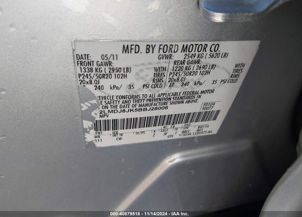 2011 LINCOLN MKX VIN: 2LMDJ8JK5BBJ28006
