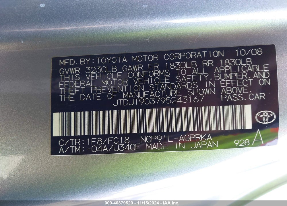 2009 TOYOTA YARIS VIN: JTDJT903795243167